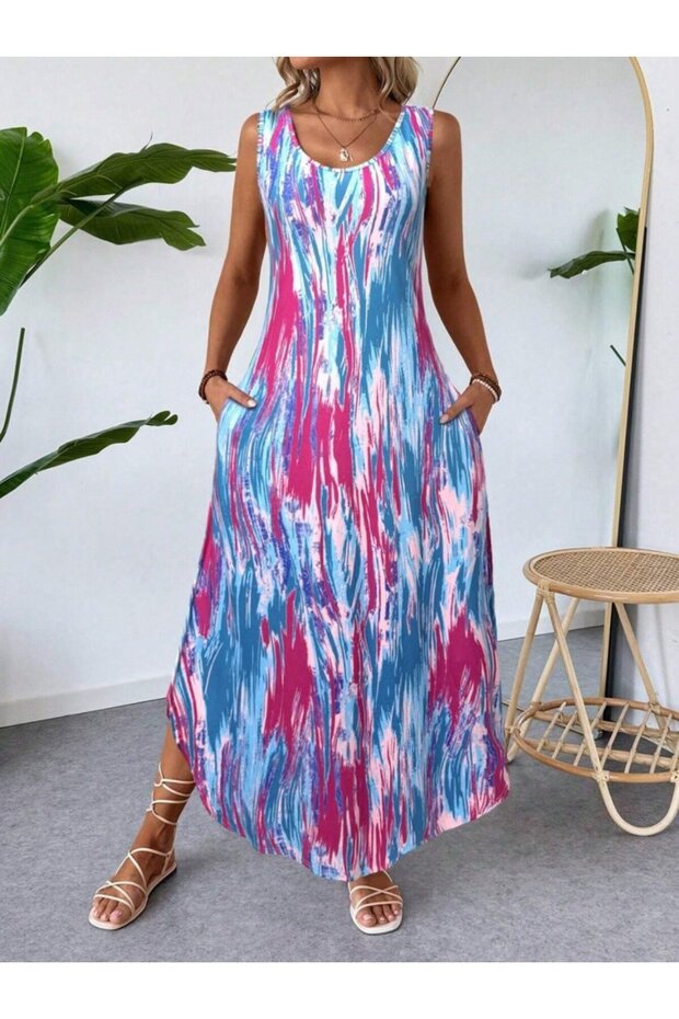 Women's Strappy Round Neck Pocketed Long Patterned Single Jersey Dress