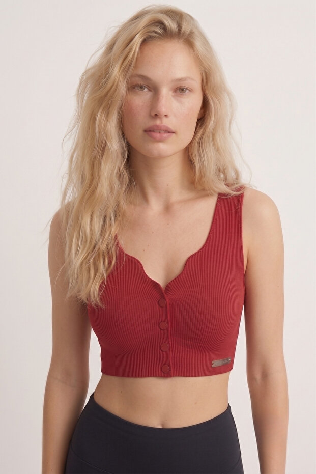 Women's Red Ribbed V-Neck Button Detailed Stretchy Crop Top / Bustier