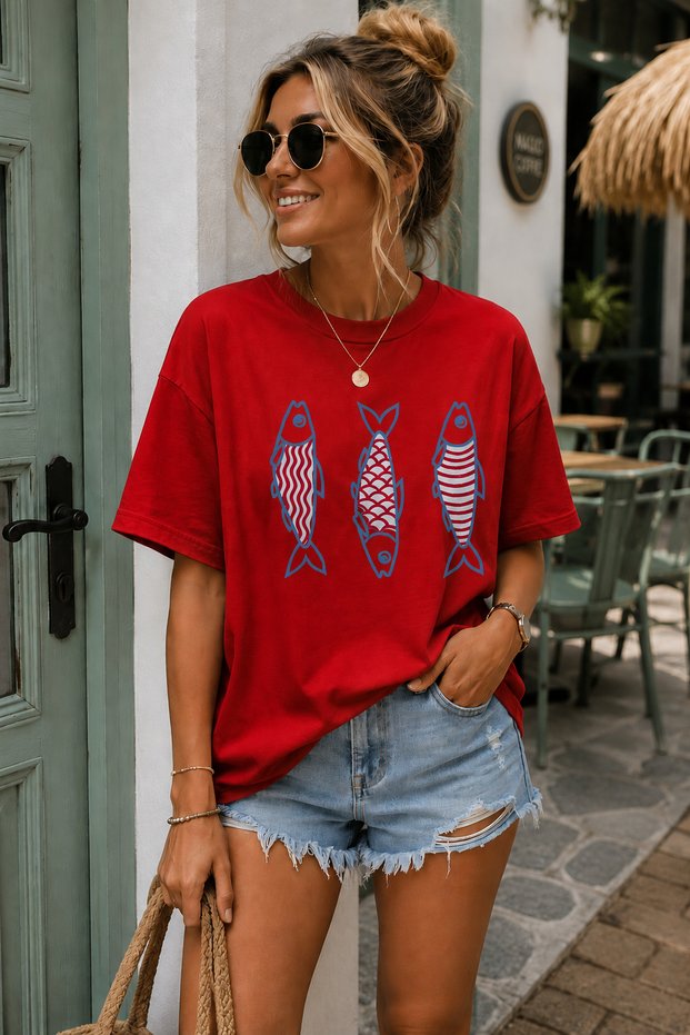 Three Fishes Printed Crew Neck Casual Unisex Oversize T-Shirt - Cotton Casual T-Shirt