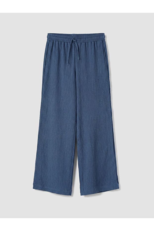 Blue Textured Women's Trousers with Elastic Waist