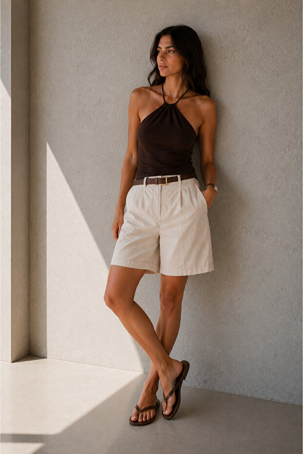 Women's Navy Blue Belted Cotton Long Bermuda Shorts
