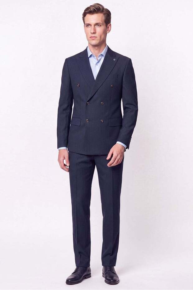Slim Fit Double Slit 95% Cotton Narrow Striped Navy Blue Double Breasted Suit Tk 944