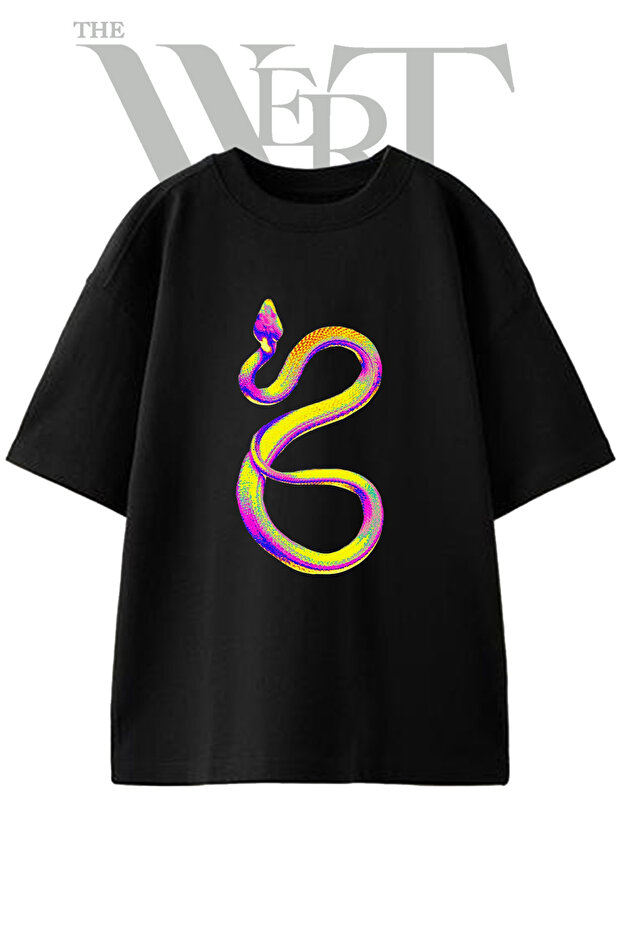 Neon Snake Design Printed Unisex Black Oversize T-Shirt