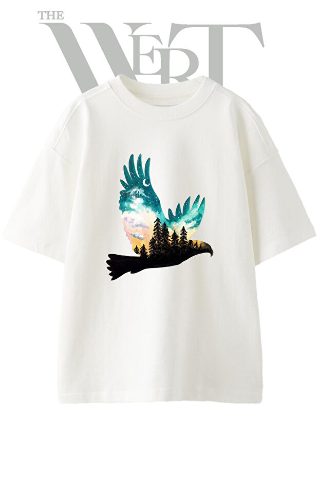 Eagle Silhouette Design Printed Unisex White Oversize T-Shirt