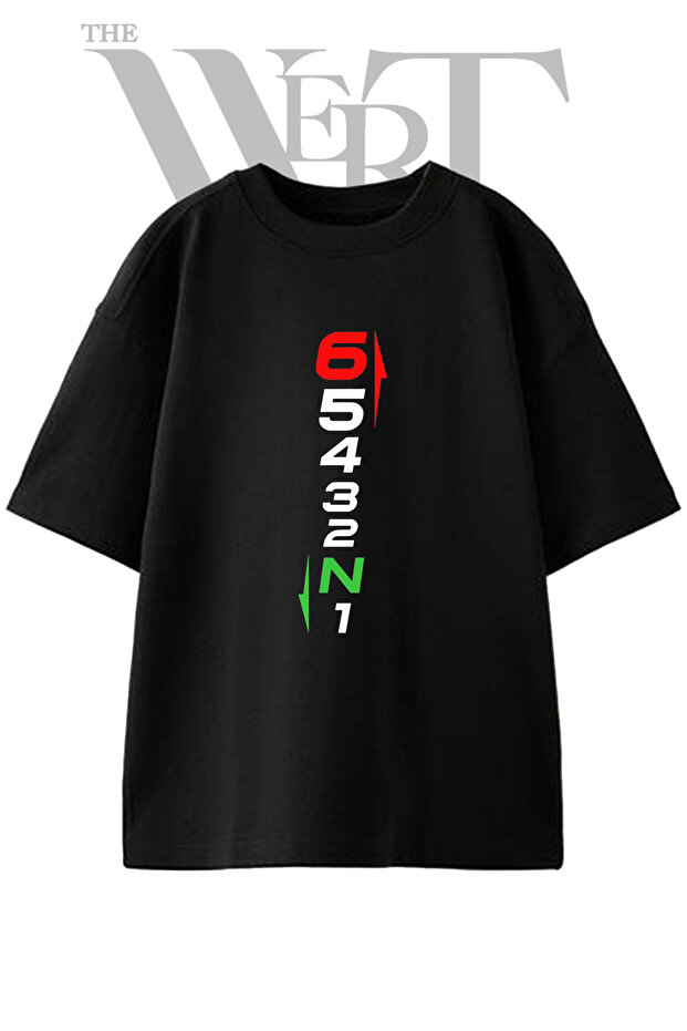 N7 Shift Pattern Design Printed Unisex Black Oversize T-Shirt