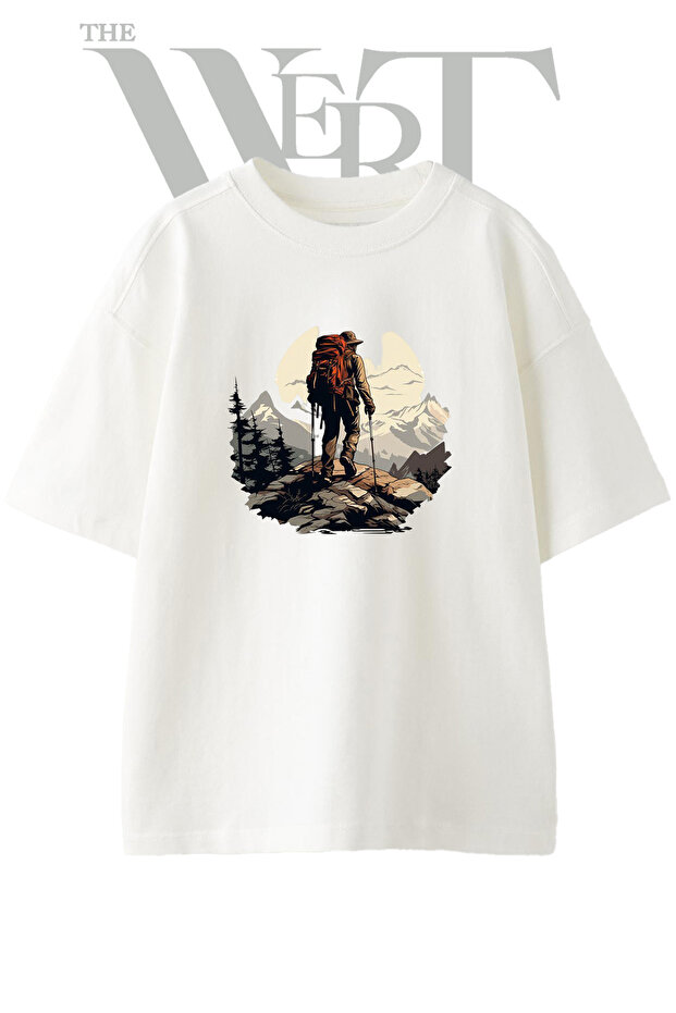 Hiking Mountain Design Printed Unisex White Oversize T-Shirt