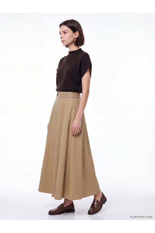Lcw Modest Beige Elastic Waist Gabardine Flared Skirt