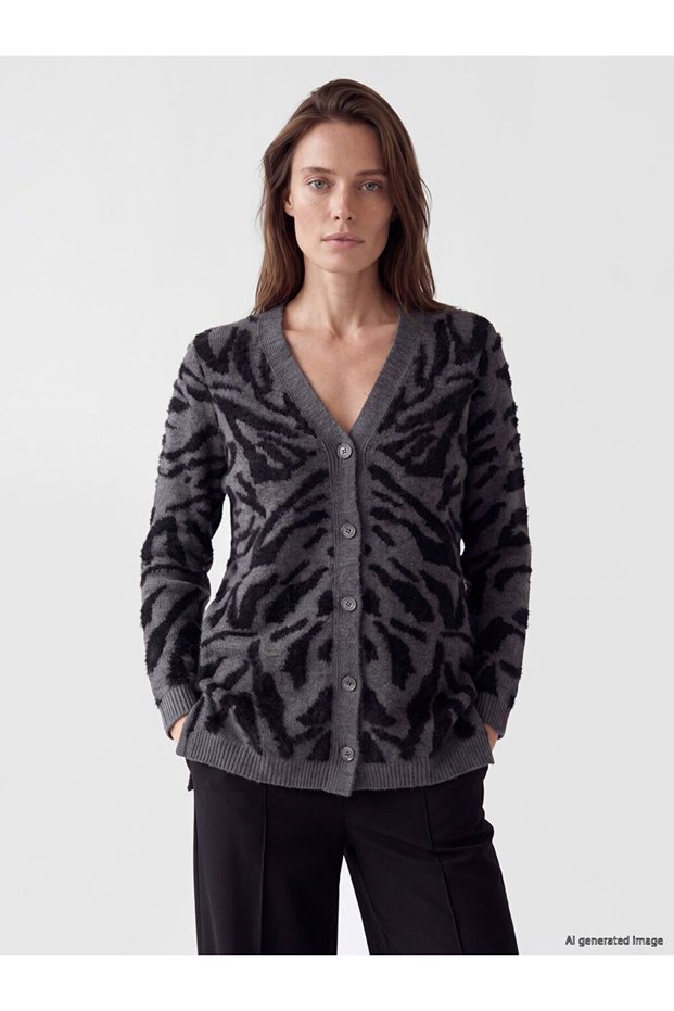 Lcw Grace Black V-Neck Patterned Women's Knitwear Cardigan