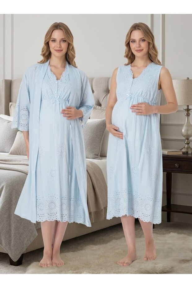 Women's Blue Linen Scallop Lace 2-Piece Maternity Nightgown Set with Dressing Gown