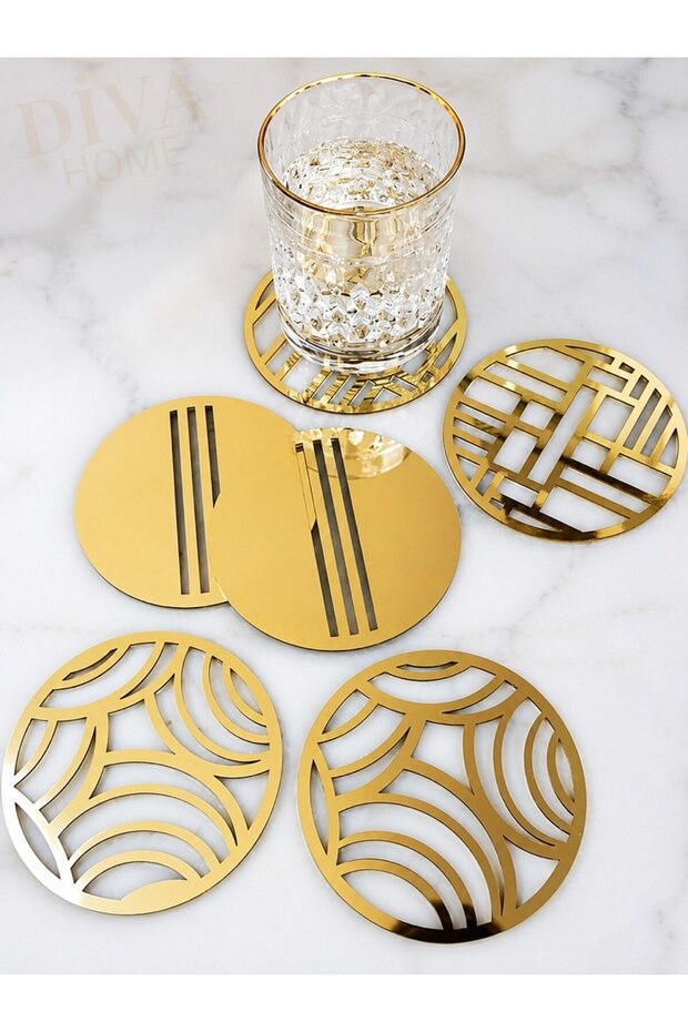 Gold Mirrored Coasters 6-Piece Presentation Set – Laser Cut Decorative Faux Leather