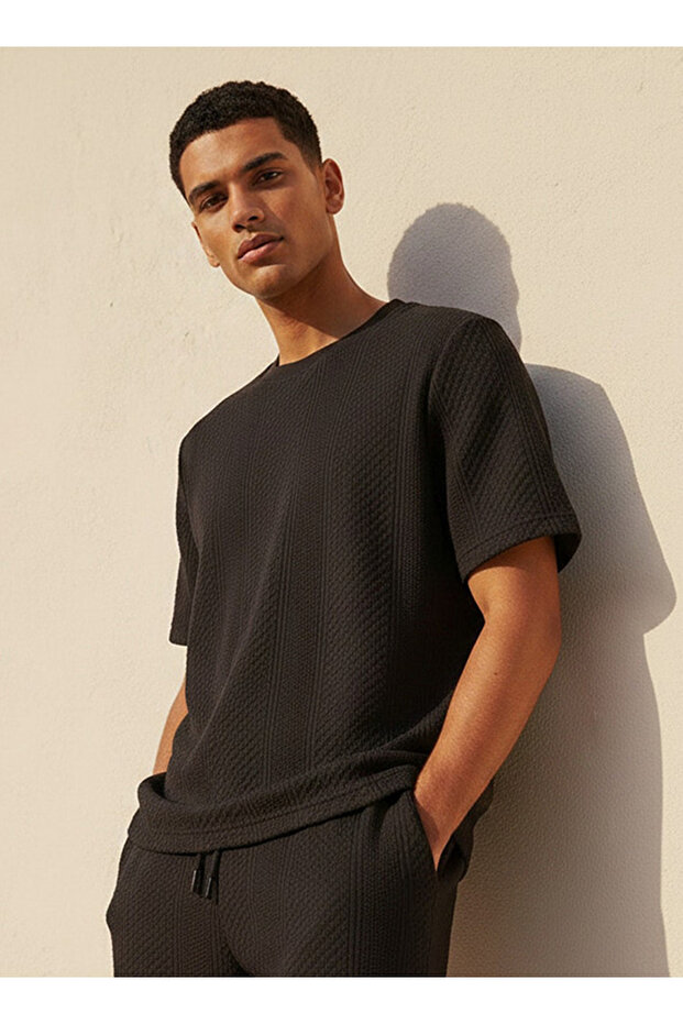 Men Regular Fit Crew Neck Short Sleeves Textured T-shirt