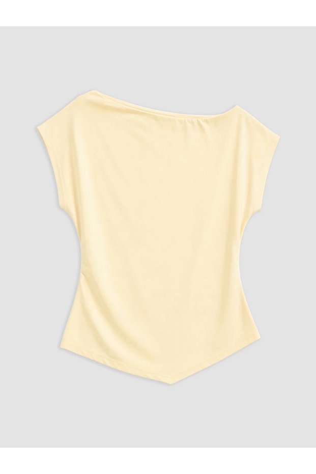 Yellow Boat Neck Plus Size Gathered Blouse