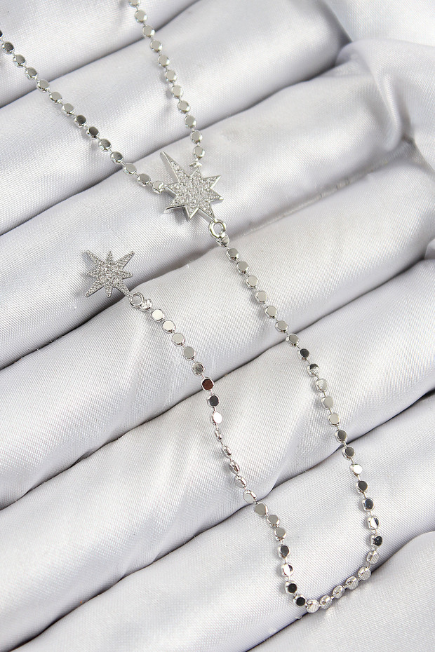 Brass Zircon Stone Crushed Chain Pole Star Model Silver Color Y Necklace
