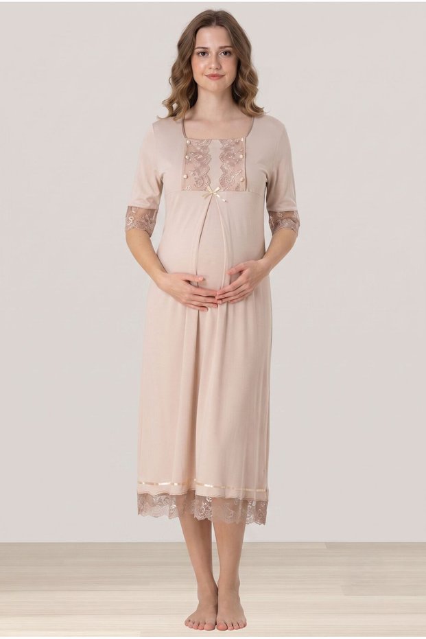 Women's Beige Lace New Season Buttoned Maternity Nightgown with Breastfeeding Feature