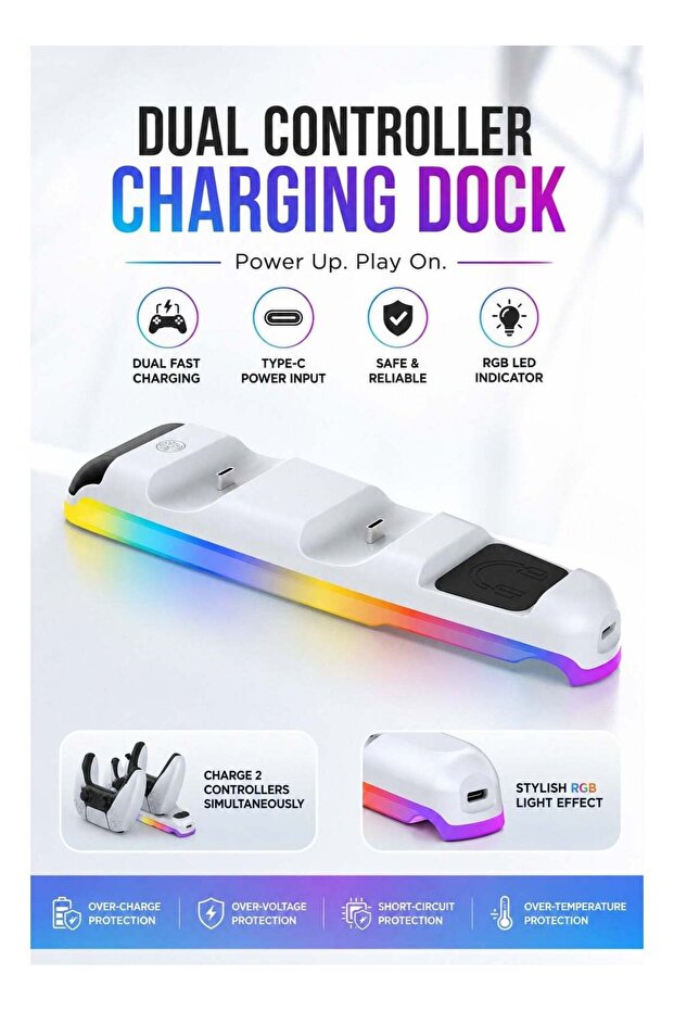 قاعدة شحن مزدوجة لوحدات التحكم مع شريط إضاءة LED RGB، محطة شحن سريعة USB Type-C متوافقة مع وحدات تحكم PS5، قاعدة شحن مزدوجة آمنة مع حماية ذكية