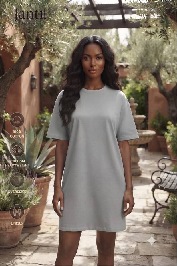 Women's Oversize Cut Printed Long Tunic T-Shirt - Crew Neck