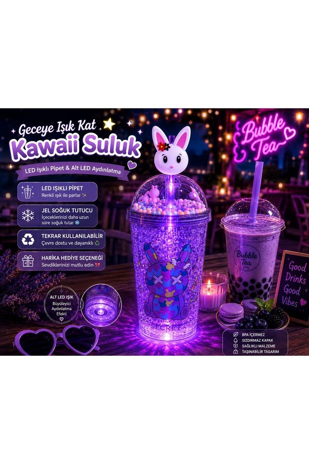 Led Lighted Straw Double Layer Drinking Cup with Kawaii Chibi Cute Rabbit Figure 450 ml Purple