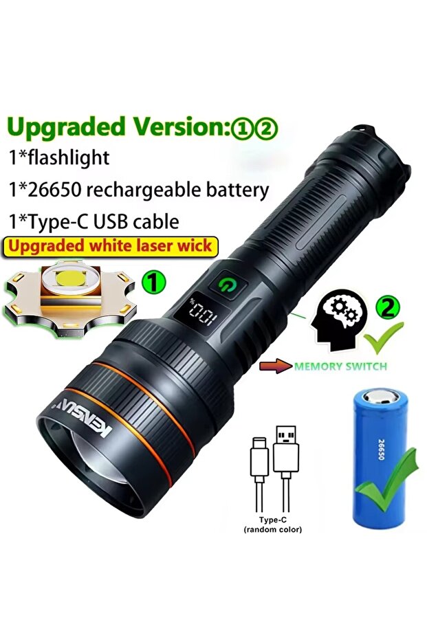 مصباح يدوي LED عالي القوة من Orange-D قابل لإعادة الشحن عبر USB، كشاف تكتيكي قوي، فانوس بإضاءة قوية