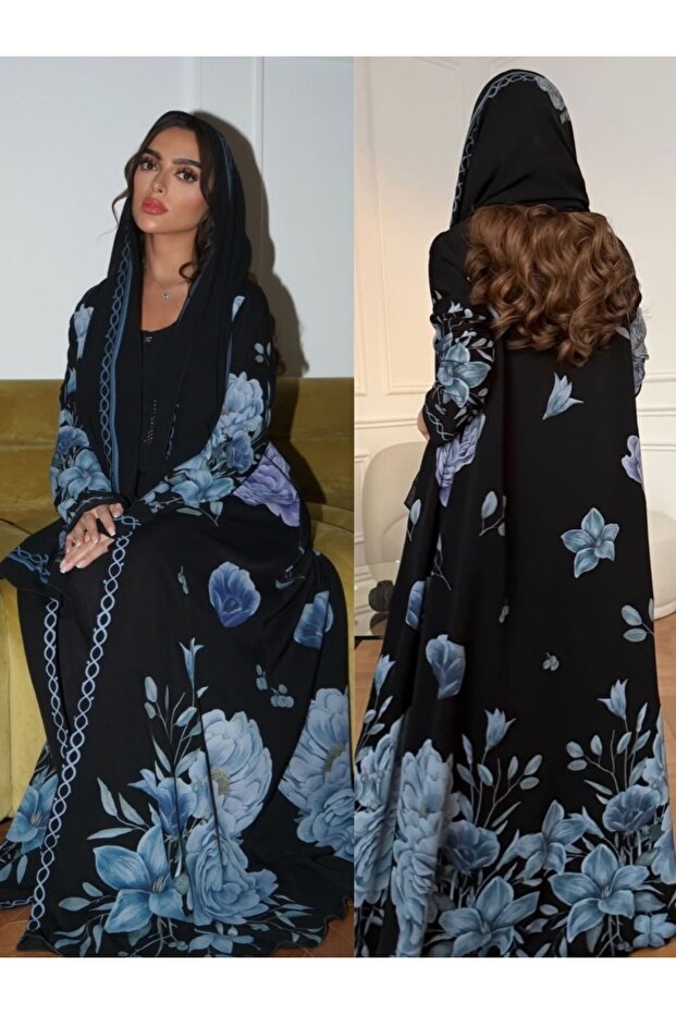 طقم عباءة مطبوعة بزهور زرقاء (عباءة وغطاء رأس متناسق)