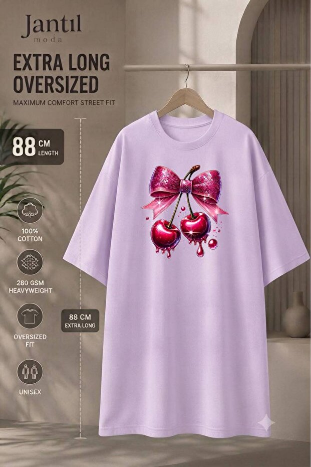 Crew Neck Bowknot Cherry Printed Extra Long Oversize Tunic T-Shirt Short Sleeve