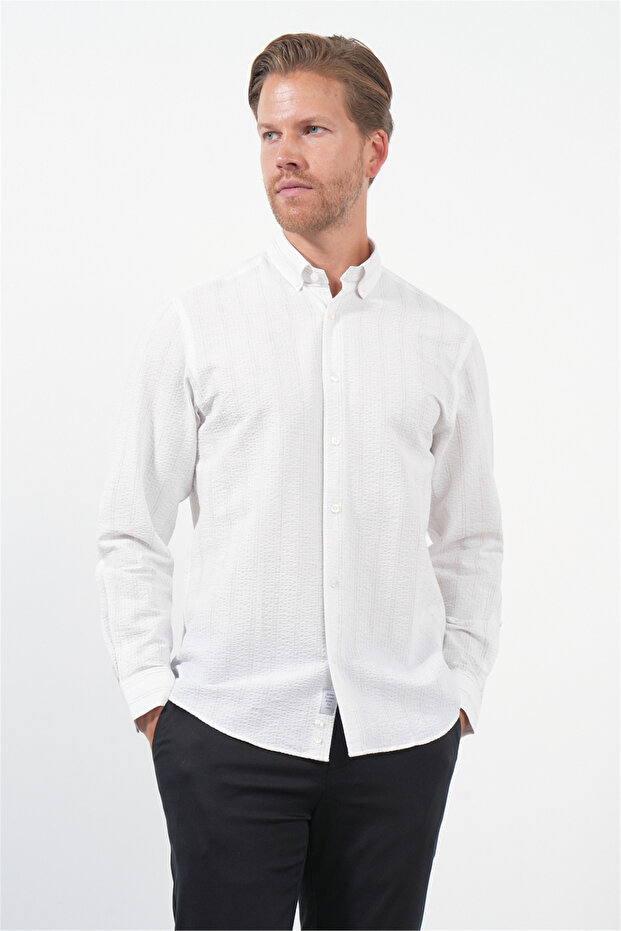 White-Brown Soft Collar Long Sleeve Slim Fit Cotton Shirt 1004260260