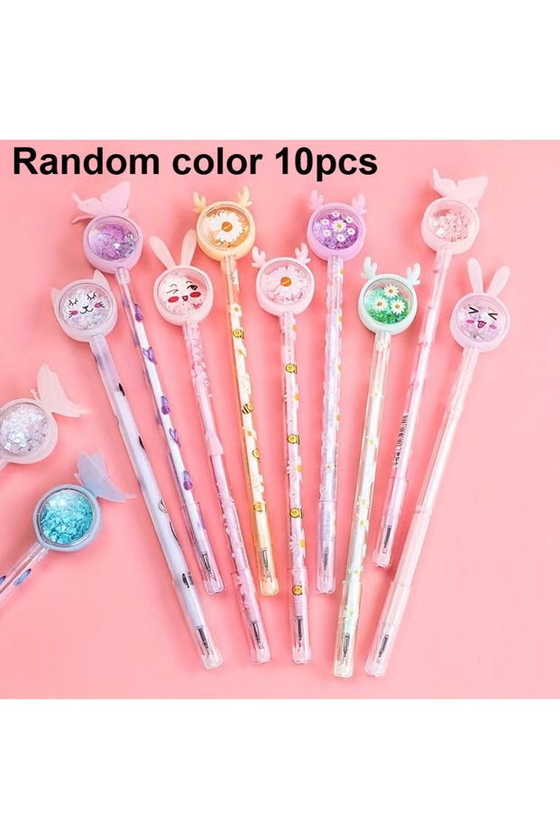 Random color-10pcs 10/20pcs Cute Quicksand Glitter Gel Pens Aesthetic Cartoon Rabbit/Deer/Butterfly