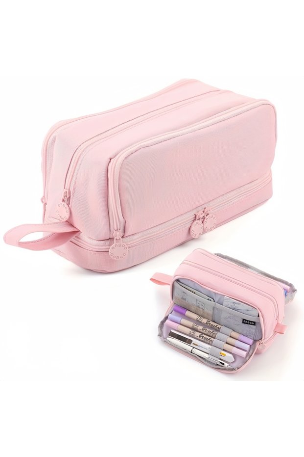 Pale Pink Large-Capacity Stationery Storage Box with Four-Compartment, Durable Pencil Case, Portable