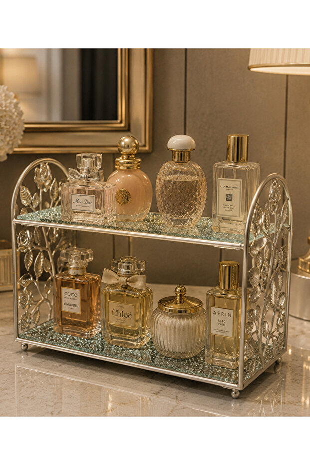 منظم رفوف العطور ذو طبقتين بحواف بنمط زهور من الزجاج المثلج مقاس 14x24x30 سم