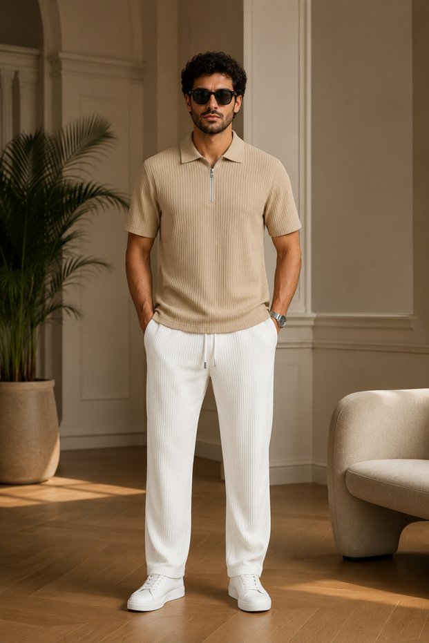 Premium Ribbed Ottoman Fabric Zipper Detailed Unisex T-Shirt and Pants Set Women's and Men's Set