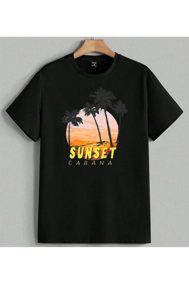 تي شيرت Sunset Cabana Palmiye Coast مطبوع للجنسين مقاس كبير باللون الأسود