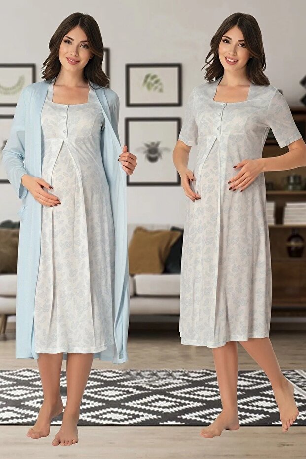 Dvina Maternity Dressing Gown and Patterned Short-Sleeved Nightgown - Set of 2 - Blue
