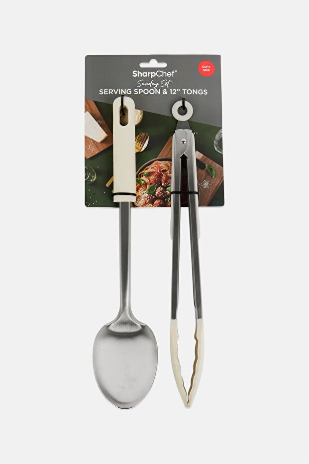 2Pcs Stainless Steel Serving Spoon With 12 Inch Tongs, Off White