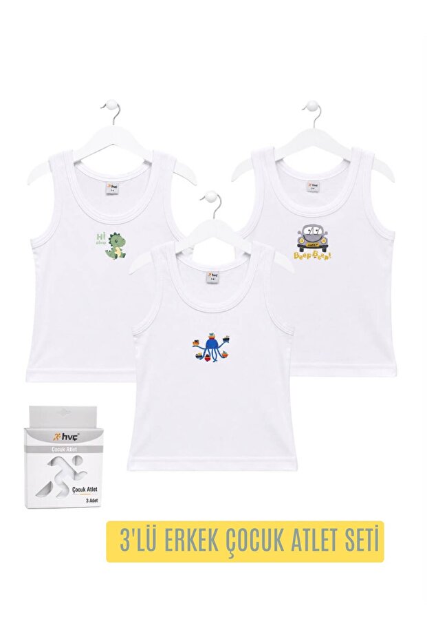 H&C 3-Piece Boys' Printed 100% Cotton Thick Strap Undershirt White Soft Textured (1-14 Years Old)