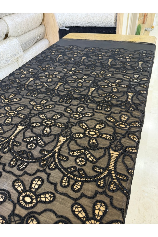 Black Sequin Cordone Embroidered Chiffon Fabric | Sparkling Guipure Lace for Evening Dresses, Gowns & Veils