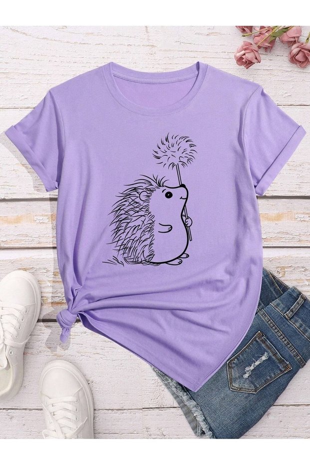 Women's Lilac Hedgehog Printed Oversize T-Shirt