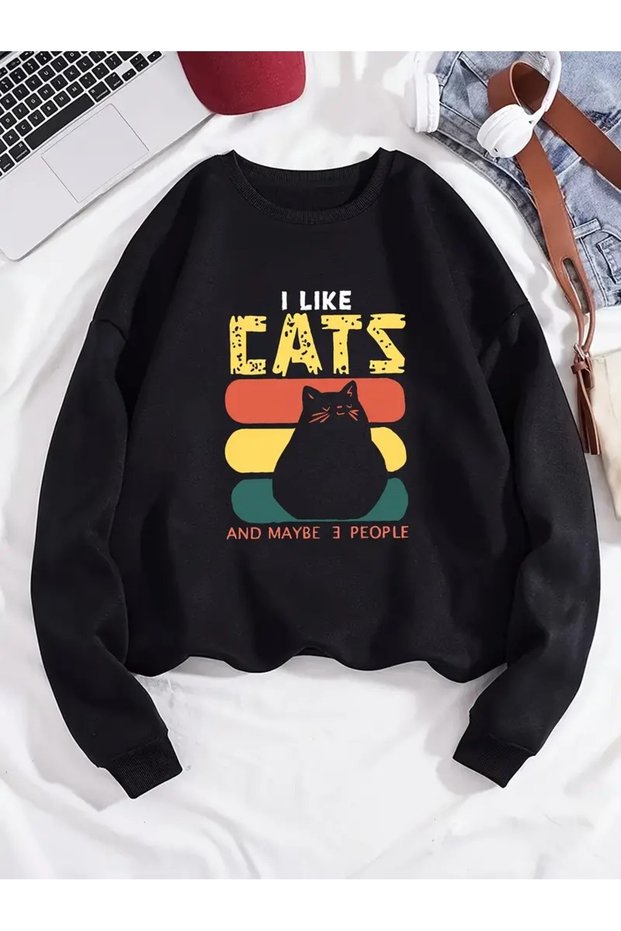 Women's Black I Like Cat Printed Crew Neck Sweatshirt