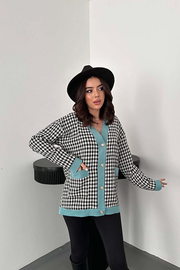 Women's Black Cardigan with Houndstooth Pattern, V-Neck, Atlas Garnish, Buttoned, Long Sleeves