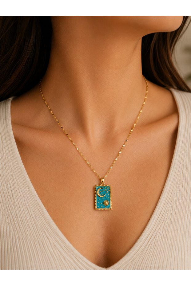 Women's Gold Color Moon Sun and Star Figured Blue Enamel Rectangular Necklace