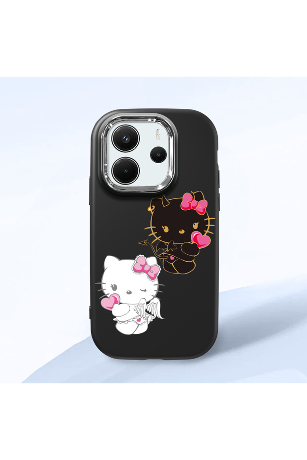 Redmi Note 14 4g Compatible Case with Camera Protector Black Silicone Couple Phone Case with Kitty Pattern