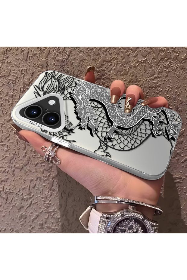 iPhone 16 Plus Compatible High-Quality Chinese Style Black and White Dragon Printed Case