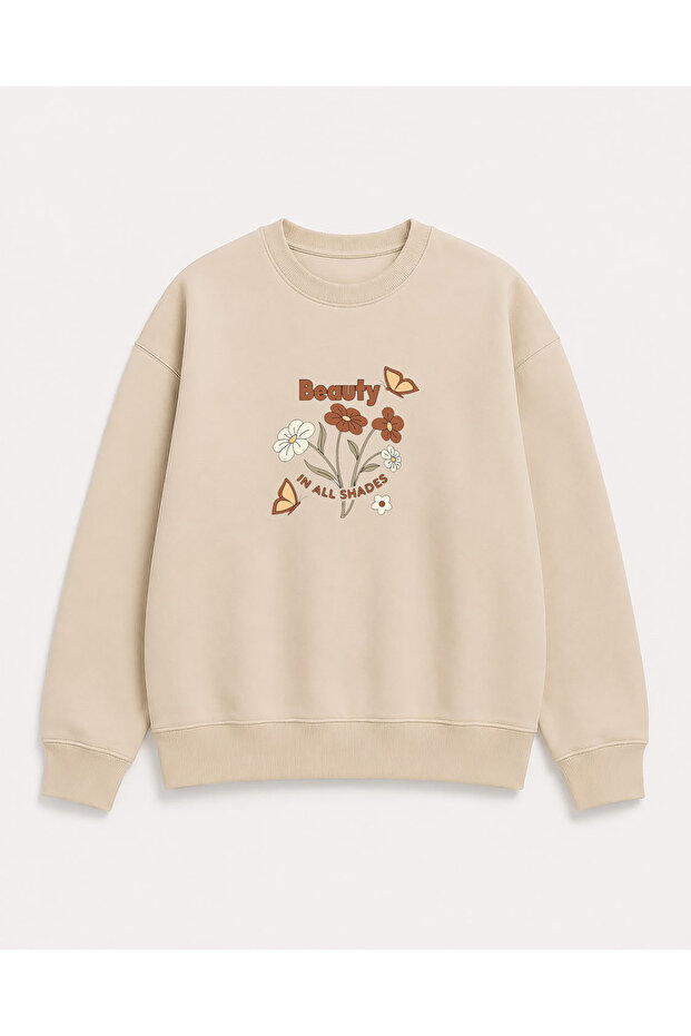 Beauty Print Detailed Crew Neck 2 Thread Sweatshirt