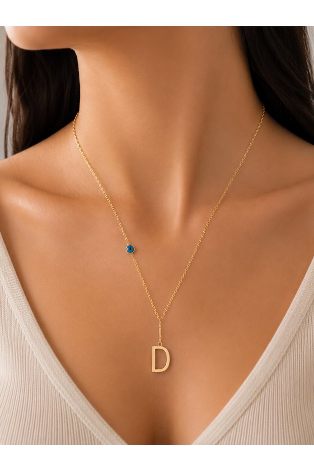 Steel Letter D Evil Eye Bead Detailed Thin Chain Necklace - Letter Necklace