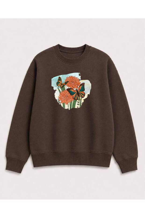 Butterfly and Flower Printed 2 Thread Threaded Crew Neck Sweatshirt