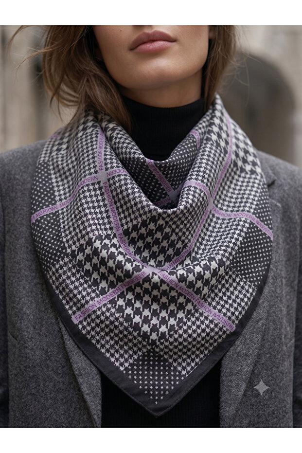 Women's Lilac Houndstooth Patterned Cotton 70X70 Imported Scarf Flr6031