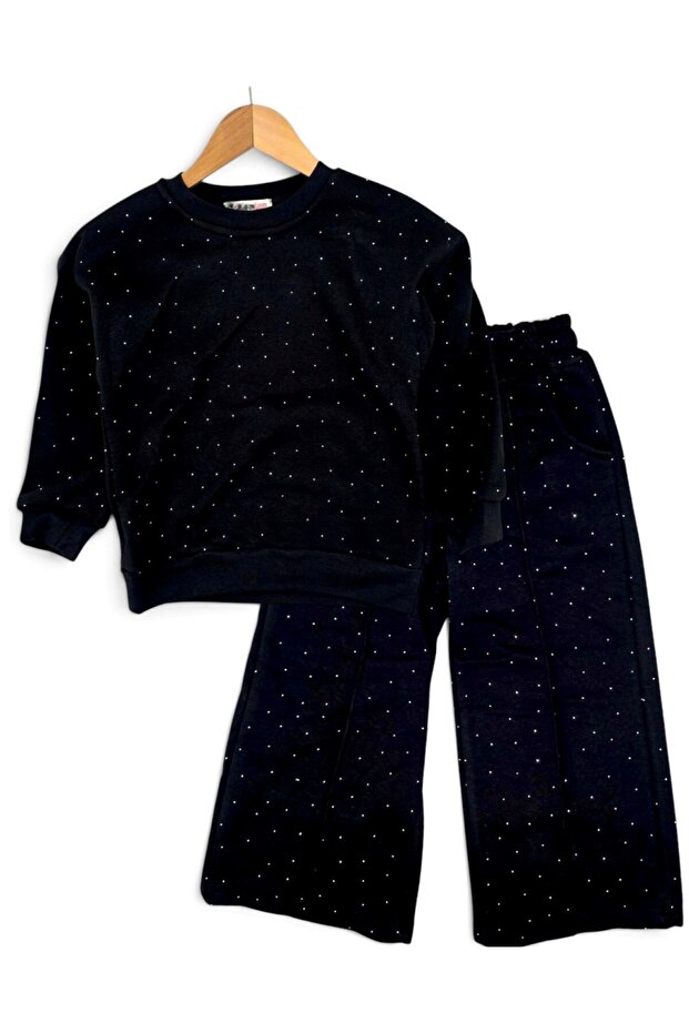 Girl's Stoned Winter 3-Threaded Cotton Set, 5-6-7-8-9-10 Years Old, Wide-Legged Pants, 2-Piece Top and Bottom Set