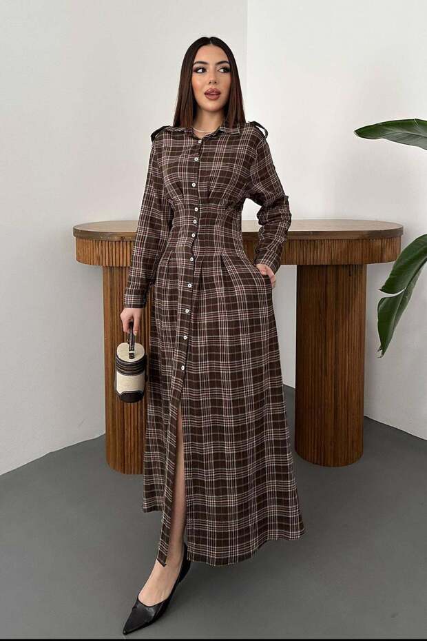 Women's Brown Plaid Pattern Shirt Collar Buttoned Long Sleeve Pleated Maxi Dress