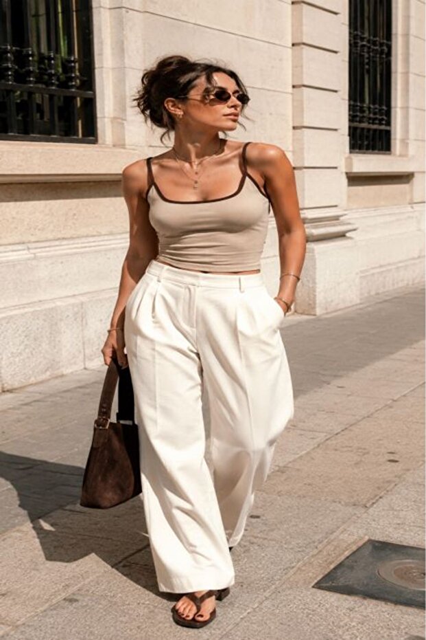 Women's Mink Strap Ribbed Textured Contrast Piping U-Neck Slim Fit Blouse