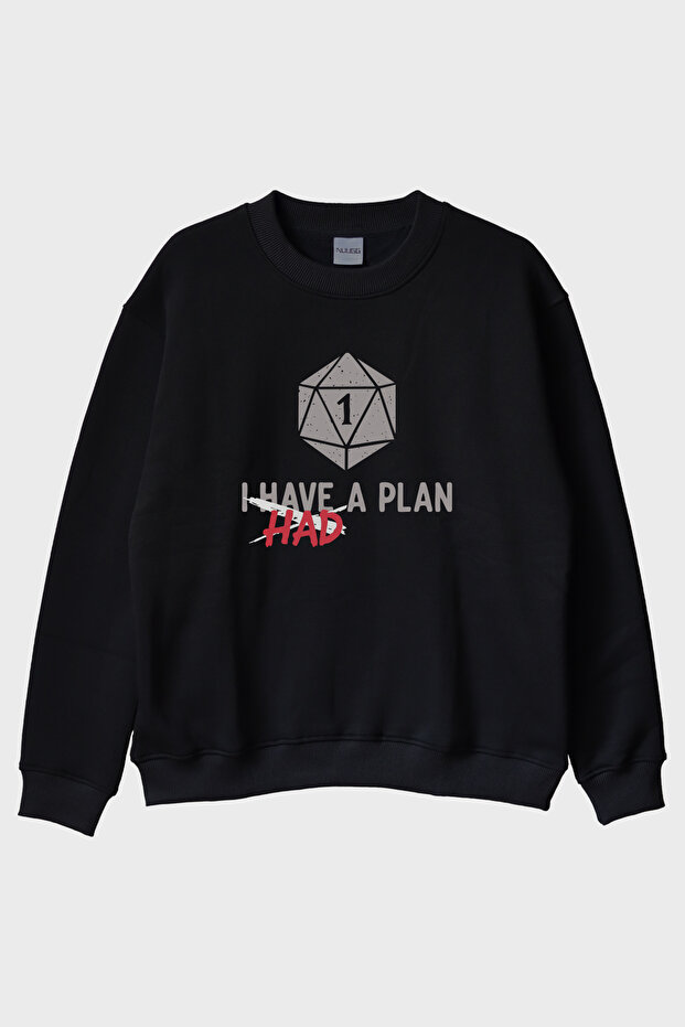 سويت شيرت I Had a Plan ذو طابع مرح على شكل نرد، أسود اللون، برقبة دائرية