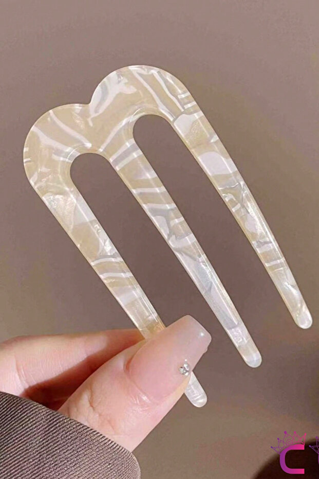 French Pin Pearlescent Ecru Marble Pattern Scalloped U Bun Clip 8cm - Trendy Bone Stick Hair Clip