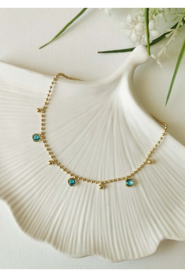 Blue Round Stone Detailed Gold Steel Anklet 23+5 cm